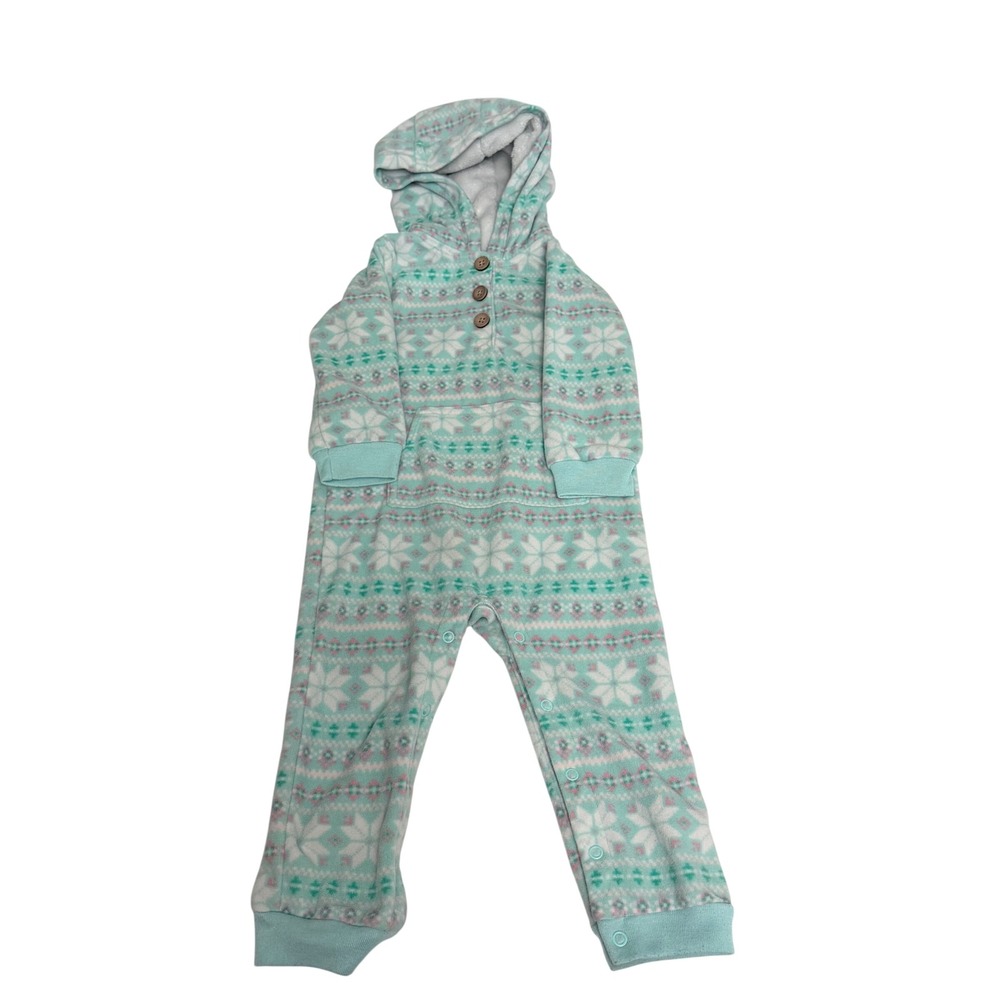 Carters Baby Girl 18M Mint Green Fair Isle Snowflake Fleece Hooded Jumpsuit